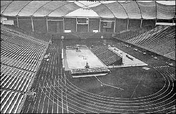 The UNI-Dome event floor set as a basketball court in 1985.