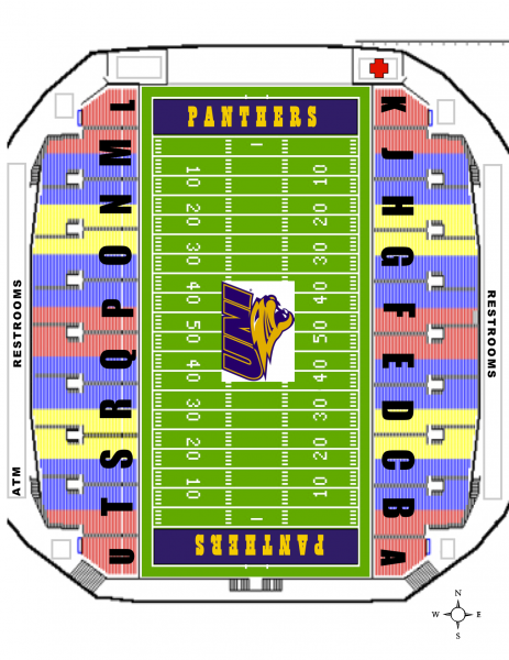 Seating sections outlined for the UNI-Dome football field.